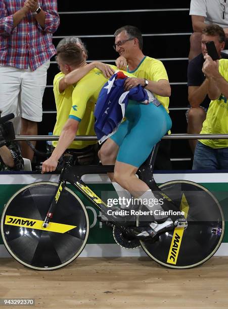 Matt Glaetzer of Australia celebrates after winning the gold medal in the MenÕs 1000m Time Trial Final during Cycling on day four of the Gold Coast...