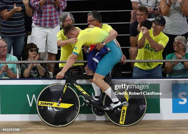 Matt Glaetzer of Australia celebrates after winning the gold medal in the MenÕs 1000m Time Trial Final during Cycling on day four of the Gold Coast...