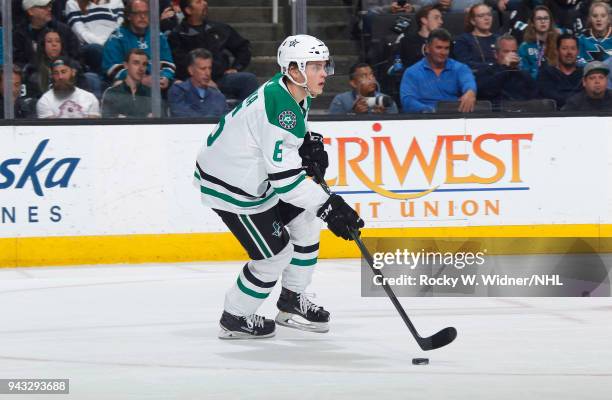 Julius Honka of the Dallas Stars skates with the puck against the San Jose Sharks at SAP Center on April 3, 2018 in San Jose, California. Julius Honka