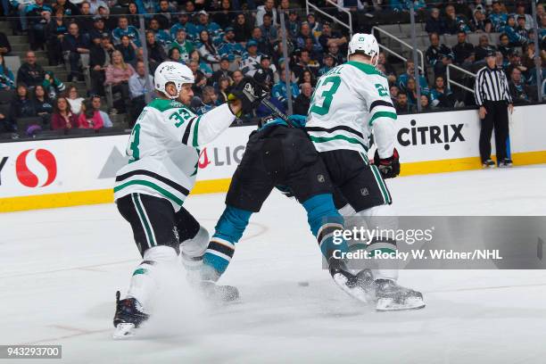 Marc Methot and Ersa Lindell of the Dallas Stars skate against the San Jose Sharks at SAP Center on April 3, 2018 in San Jose, California. Marc...