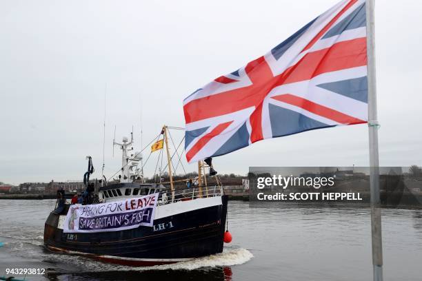 Fishing vessels travel down the River Tyne as part of a protest against the Brexit transition deal that would see Britain continue to adhere to the...