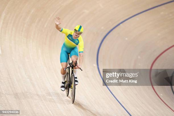 Matt Glaetzer of Australia celebrates winning the Men's 1000m Time Trial during Cycling on day four of the Gold Coast 2018 Commonwealth Games at Anna...