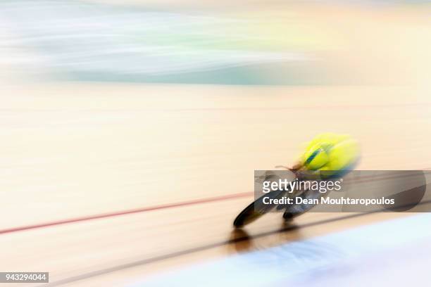 Matt Glaetzer of Australia competes during the Men's 1000m Time Trial track cycling on day four of the Gold Coast 2018 Commonwealth Games at Anna...