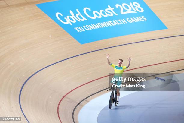 Matt Glaetzer of Australia celebrates winning the Men's 1000m Time Trial during Cycling on day four of the Gold Coast 2018 Commonwealth Games at Anna...