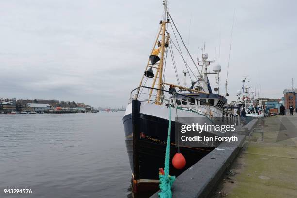 Fishing boats gather on the River Tyne in North Shields as fishermen take part in a nationwide protest against the Brexit transition deal on April 8,...