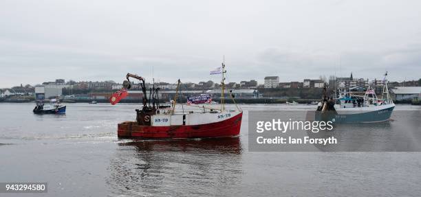 Fishing boats gather on the River Tyne in North Shields as fishermen take part in a nationwide protest against the Brexit transition deal on April 8,...