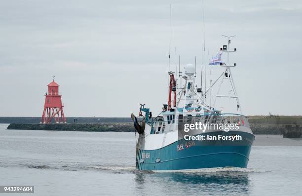 Fishing boats gather on the River Tyne in North Shields as fishermen take part in a nationwide protest against the Brexit transition deal on April 8,...