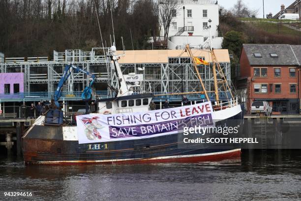 Fishing vessel is moored at North Shields fish quay on the River Tyne prior to joining a protest against the Brexit transition deal that would see...