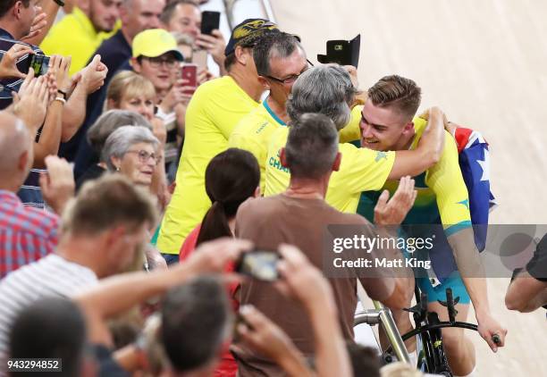 Matt Glaetzer of Australia celebrates with family after winning the Men's 1000m Time Trial during Cycling on day four of the Gold Coast 2018...