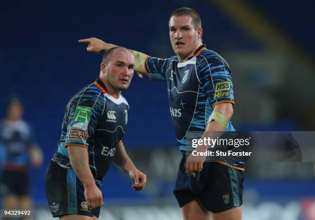 Blues props Gethin Jenkins and Gareth Williams look on during the Heineken Cup Pool 5 match between Cardiff Blues and Toulouse at the Cardiff City...