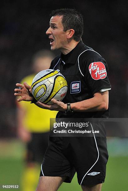 Referee Keith Stroud in action during the Coca-Cola Championship match between Watford and Derby County at Vicarage Road on December 12, 2009 in...