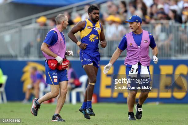 Liam Ryan of the Eagles comes off injured during the round three AFL match between the West Coast Eagles and the Geelong Cats at Optus Stadium on...