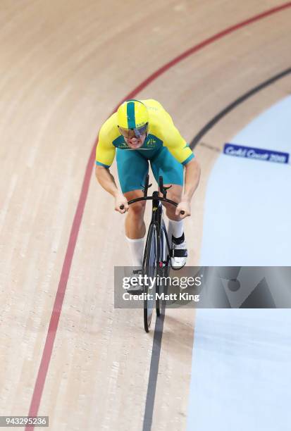 Matt Glaetzer of Australia competes in the Men's 1000m Time Trial during Cycling on day four of the Gold Coast 2018 Commonwealth Games at Anna Meares...