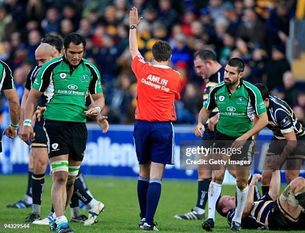 The Amlin sponsored referee signals a penalty inbetween the Connaught players during the Amlin Challenge Cup match between Worcester Warriors and...