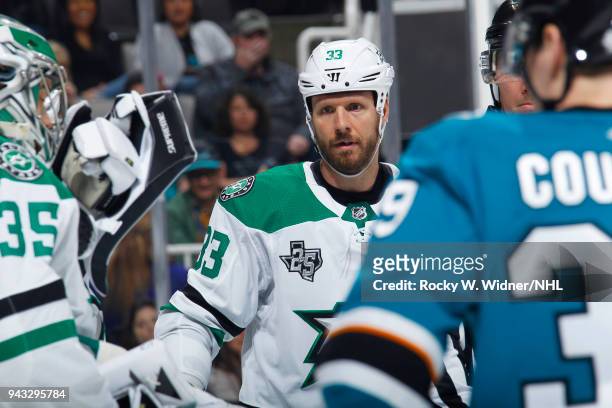 Marc Methot of the Dallas Stars looks on during the game against the San Jose Sharks at SAP Center on April 3, 2018 in San Jose, California. Marc...