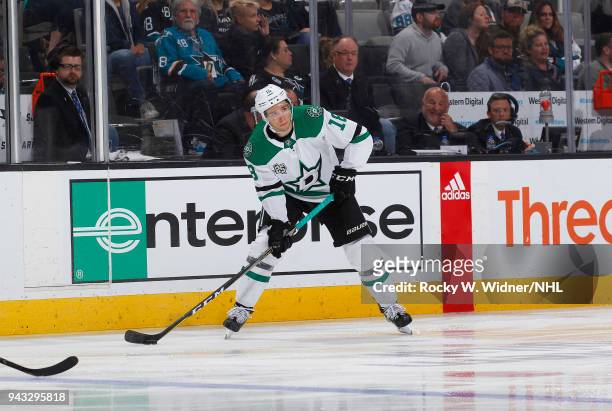 Tyler Pitlick of the Dallas Stars skates with the puck against the San Jose Sharks at SAP Center on April 3, 2018 in San Jose, California.