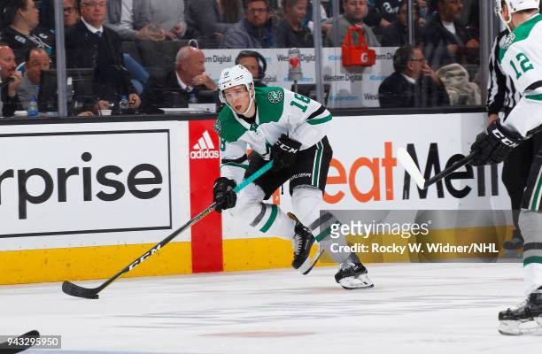 Tyler Pitlick of the Dallas Stars skates with the puck against the San Jose Sharks at SAP Center on April 3, 2018 in San Jose, California. Tyler...
