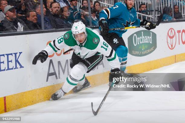 Tyler Pitlick of the Dallas Stars skates against the San Jose Sharks at SAP Center on April 3, 2018 in San Jose, California. Tyler Pitlick