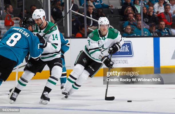 John Klingberg of the Dallas Stars skates after the puck against the San Jose Sharks at SAP Center on April 3, 2018 in San Jose, California. John...