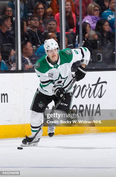 John Klingberg of the Dallas Stars skates with the puck against the San Jose Sharks at SAP Center on April 3, 2018 in San Jose, California. John...