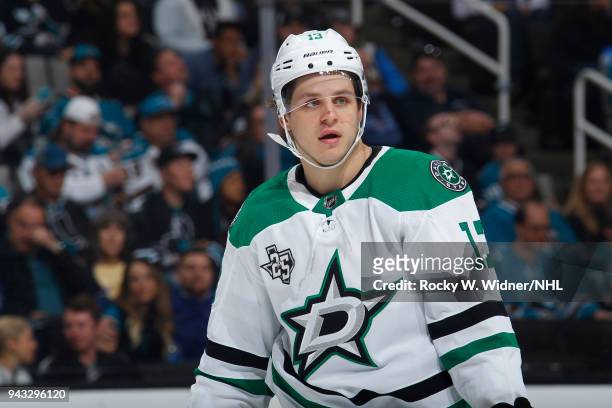 Mattias Janmark of the Dallas Stars looks on during the game against the San Jose Sharks at SAP Center on April 3, 2018 in San Jose, California....