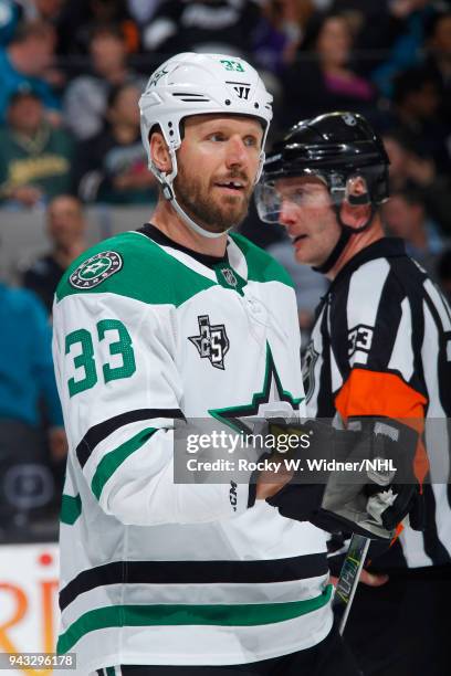 Marc Methot of the Dallas Stars looks on during the game against the San Jose Sharks at SAP Center on April 3, 2018 in San Jose, California. Marc...