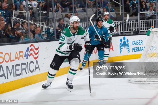 Greg Pateryn of the Dallas Stars skates against the San Jose Sharks at SAP Center on April 3, 2018 in San Jose, California. Greg Pateryn