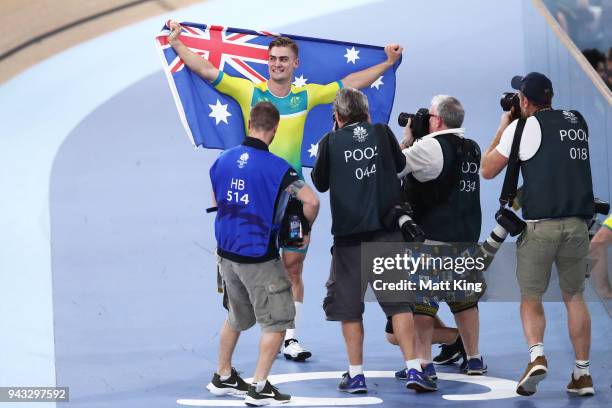 Matt Glaetzer of Australia celebrates winning the Men's 1000m Time Trial during Cycling on day four of the Gold Coast 2018 Commonwealth Games at Anna...