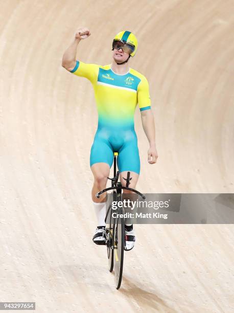 Matt Glaetzer of Australia celebrates winning the Men's 1000m Time Trial during Cycling on day four of the Gold Coast 2018 Commonwealth Games at Anna...