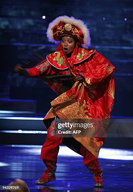 Miss Sierra Leone performs on stage at the 59th Miss World pageant held in Johannesburg, South Africa, on December 12, 2009. Miss Gibraltar Kaiane...