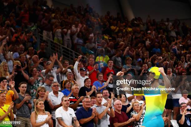 Matt Glaetzer of Australia celebrates a games record time after he competes and wins the Men's 1000m Time Trial track cycling on day four of the Gold...