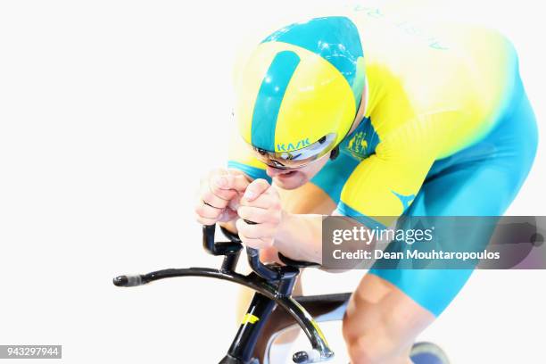 Matt Glaetzer of Australia competes during the Men's 1000m Time Trial track cycling on day four of the Gold Coast 2018 Commonwealth Games at Anna...