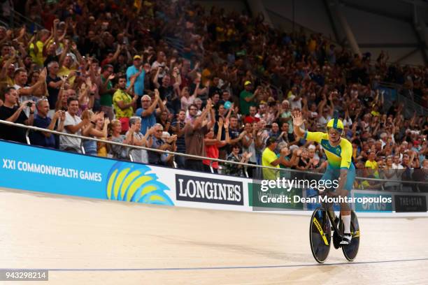 Matt Glaetzer of Australia celebrates a games record time after he competes and wins the Men's 1000m Time Trial track cycling on day four of the Gold...