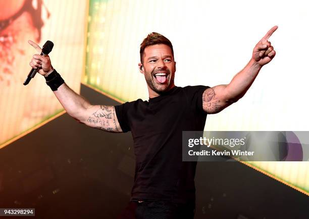 Singer Ricky Martin performs onstage during Maluma's "F.A.M.E. Tour" at The Forum on April 7, 2018 in Inglewood, California.