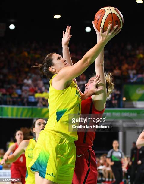 Belinda Snell of Australia attempts a lay up during the Preliminary Basketball round match between Australia and Canada on day four of the Gold Coast...
