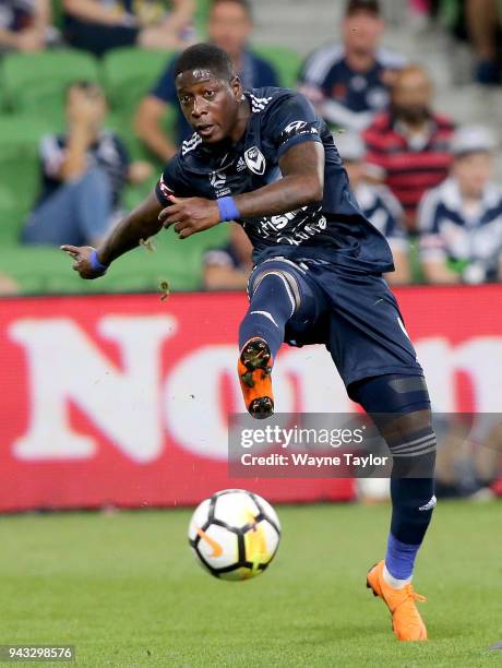 Melbournes Leroy George during the round 26 A-League match between the Melbourne Victory and the Wellington Phoenix at AAMI Park on April 8, 2018 in...