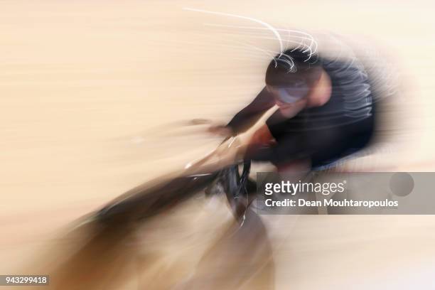 Zac Williams of New Zealand competes during the Men's 1000m Time Trial track cycling on day four of the Gold Coast 2018 Commonwealth Games at Anna...