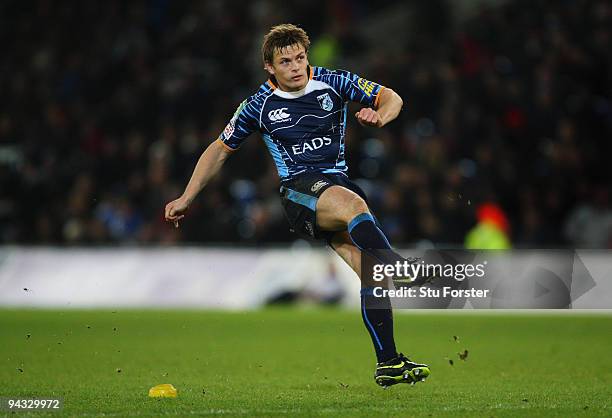 Blues kicker Ben Blair kicks a penalty during the Heineken Cup Pool 5 match between Cardiff Blues and Toulouse at the Cardiff City Stadium on...