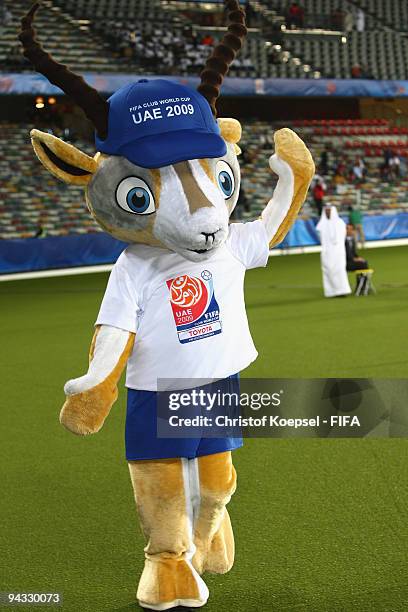 Mascot Dhabi is seen during the FIFA Club World Cup quarter-final match between Auckland City and Atlante at the Zayed Sports City stadium on...