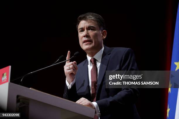 Newly-elected General Secretary of the French Socialist Party Olivier Faure speaks during the party's 78th congress on April 8, 2018 in Aubervilliers.