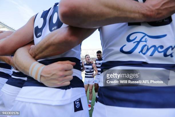 Joel Selwood of the Cats speaks to the huddle at the start of the game during the round three AFL match between the West Coast Eagles and the Geelong...