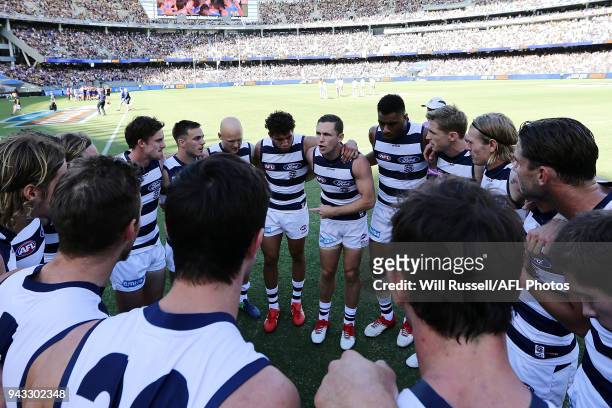 Joel Selwood of the Cats speaks to the huddle at the start of the game during the round three AFL match between the West Coast Eagles and the Geelong...