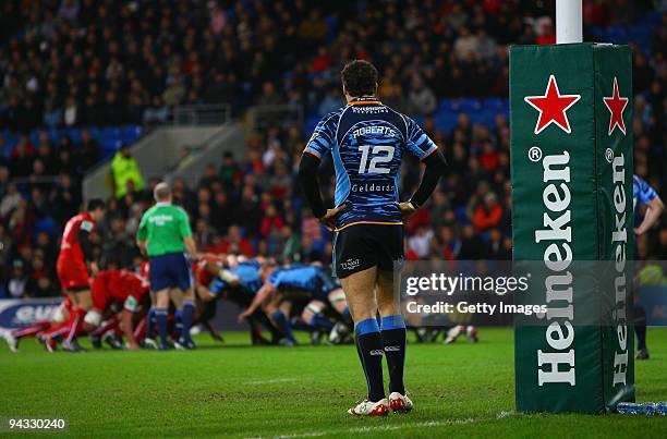 Blues centre Jamie Roberts looks on as a scrum awaits the ball during the Heineken Cup Pool 5 match between Cardiff Blues and Toulouse at the Cardiff...