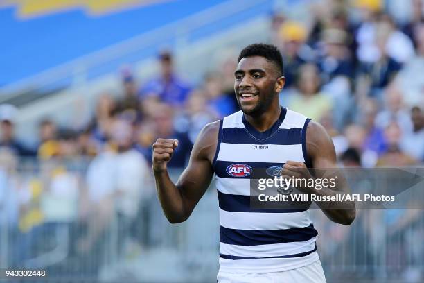 Esava Ratugolea of the Cats celebrates after scoring a goal during the round three AFL match between the West Coast Eagles and the Geelong Cats at...