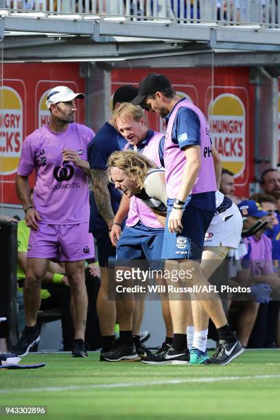 Cameron Guthrie of the Cats is checked by trainers after being assisted off the field during the round three AFL match between the West Coast Eagles...