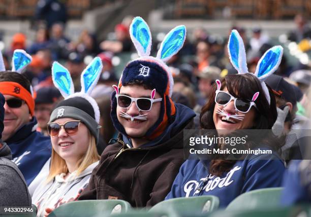 Detroit Tigers fans dress up for game one of the Easter Sunday double header against the Pittsburgh Pirates at Comerica Park on April 1, 2018 in...