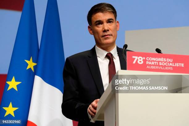 Newly-elected General Secretary of the French Socialist Party Olivier Faure looks during the party's 78th congress on April 8, 2018 in Aubervilliers....