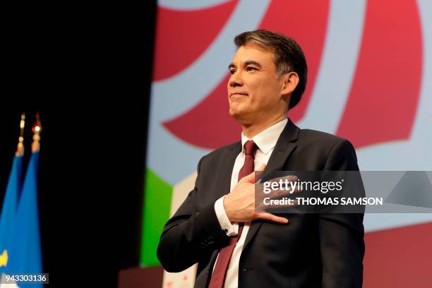 Newly-elected General Secretary of the French Socialist Party Olivier Faure looks on during the party's 78th congress on April 8, 2018 in...