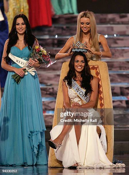 Miss Gibraltar, Kaiane Aldorino, is crowned Miss World 2009 by Miss World 2008 Ksenia Shipilova, as runner up Miss Mexico Perla Beltran Acosta looks...