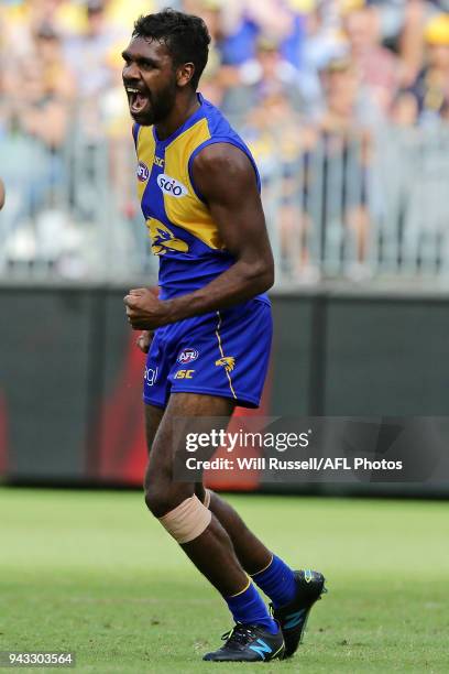 Liam Ryan of the Eagles celebrates after scoring a goal during the round three AFL match between the West Coast Eagles and the Geelong Cats at Optus...